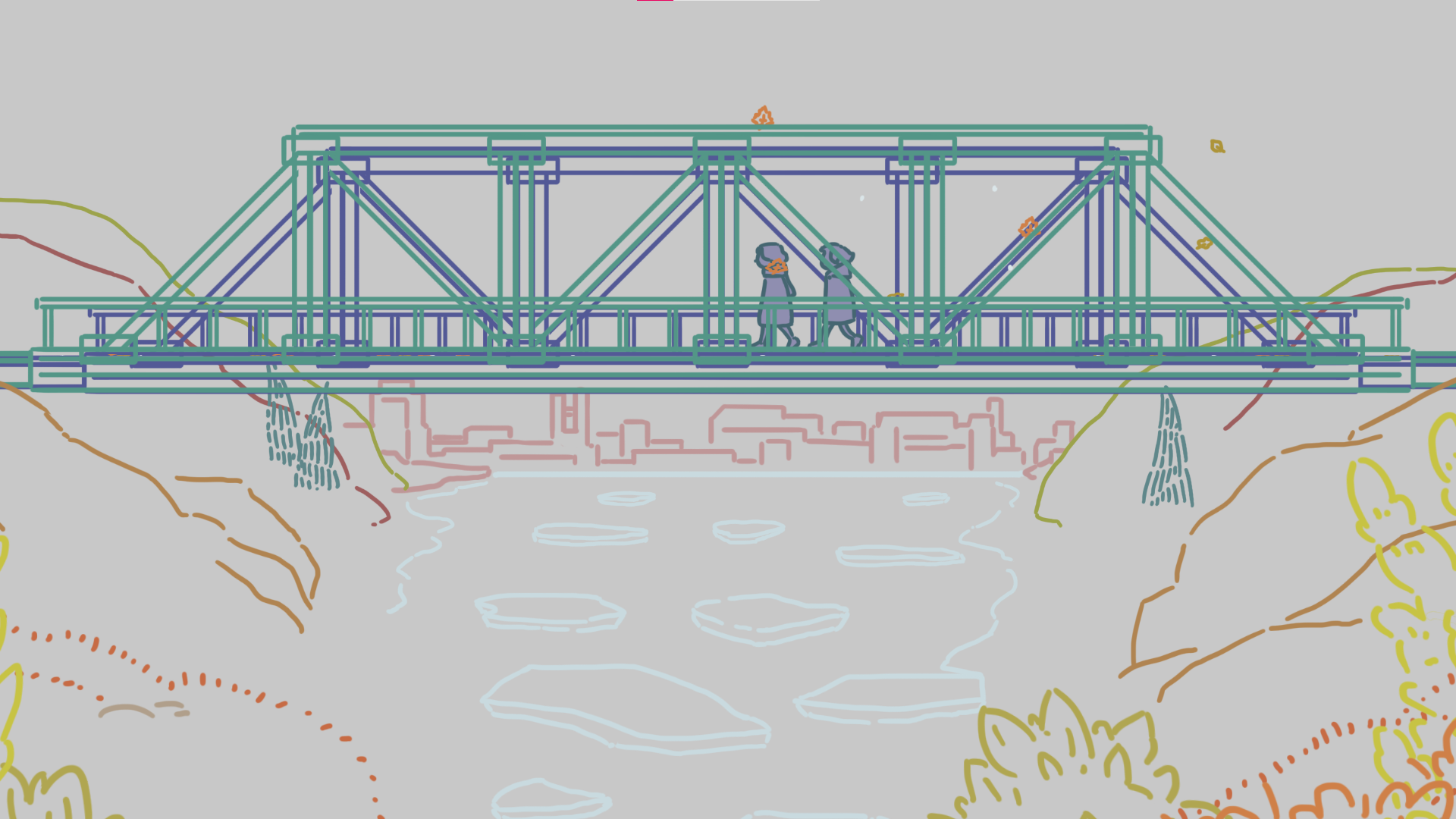 screenshot from Bridge, October 3rd: two characters walking over a bridge, with a river beneath it and the city far away in the background.