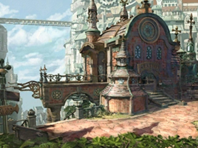 background art from Final Fantasy IX on PS1: the air-cab station in the theater district of the city of Lindblum, a red brick building with a rounded roof and a few steps going down to the paved street. In the background is a medieval city built vertically on a mountain, with some huge gears and mechanisms scattered around the buildings. The sky is clear blue.