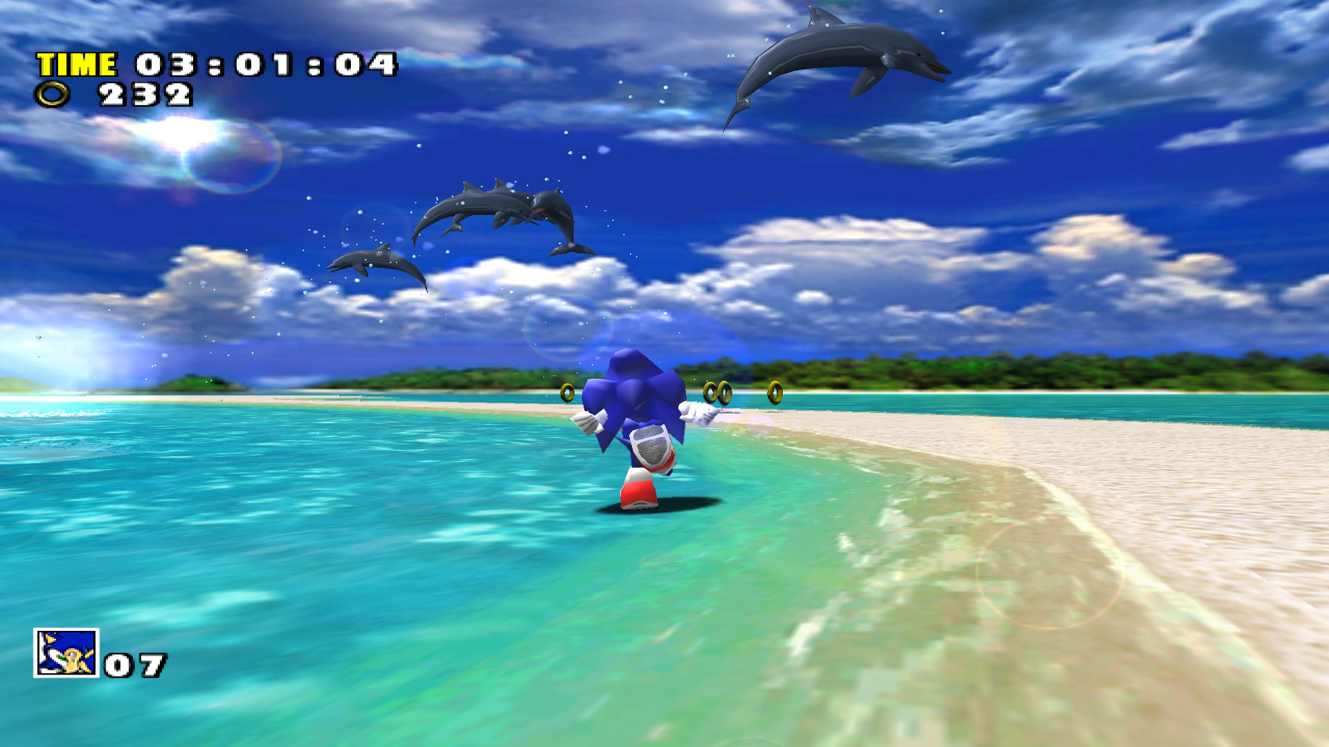 screenshot from Sonic Adventure showing Sonic from behind, running on a sand bank on a perfect sunny day, while dolphins are jumping above him.